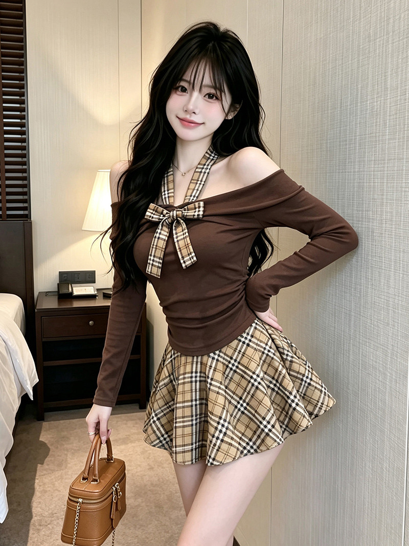 Off-Shoulder Halter Neck Tie Long-Sleeve T-Shirt + Mini Skirt Set