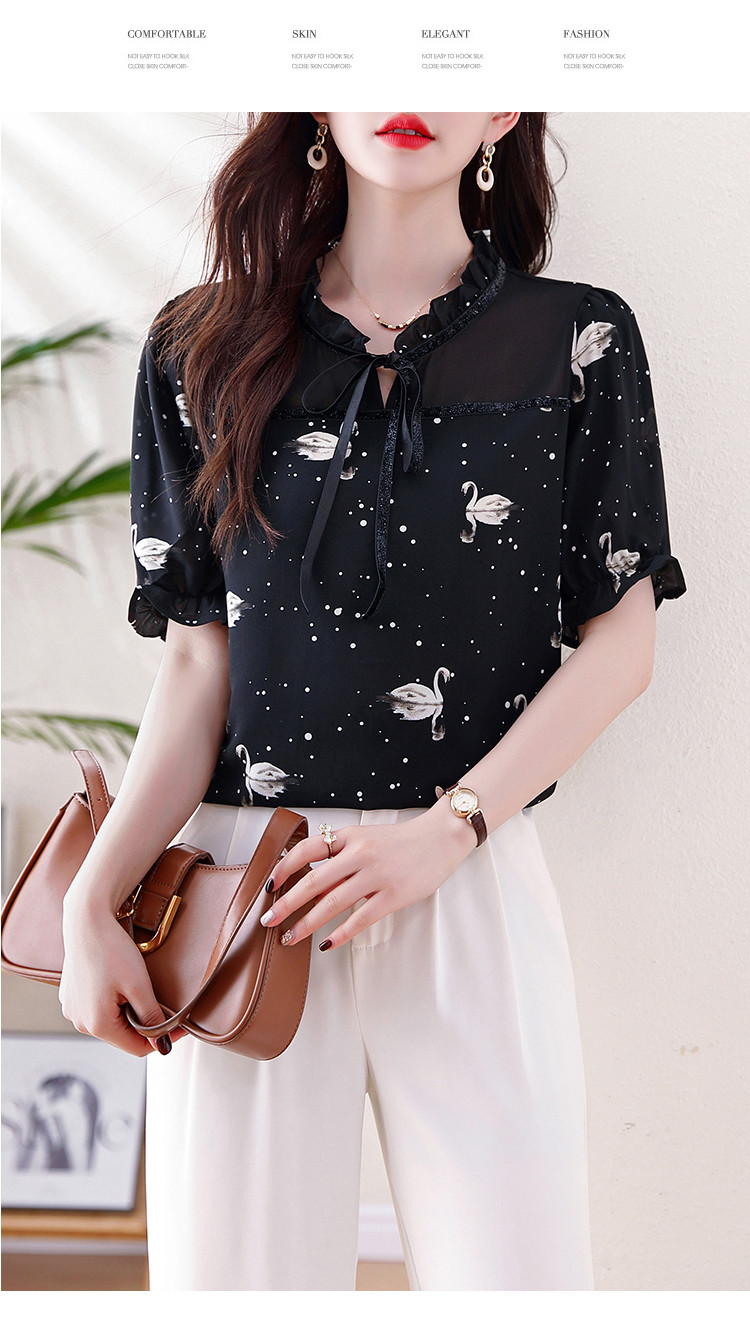 Women's Chiffon Blouse, New Summer Style, Loose Fit, Plus Size, Slimming, Temperament Short-Sleeve Shirt