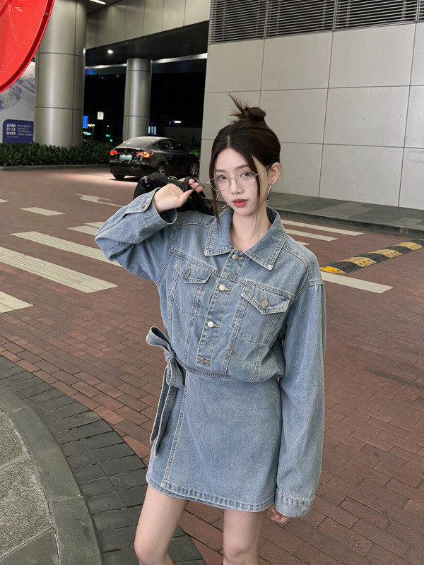 Casual Freestyle Retro Hong Kong Style Lapel Washed Denim Dress, Elegant Slim Waist Clothing