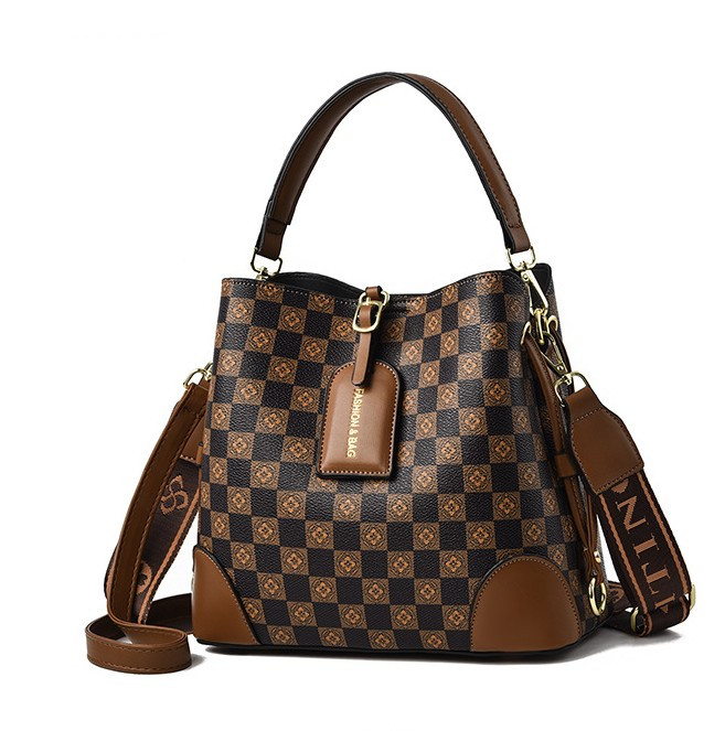 Women's Retro Bag, PU Checkered Bucket Bag, Large Capacity Shoulder Bag, Crossbody Bag