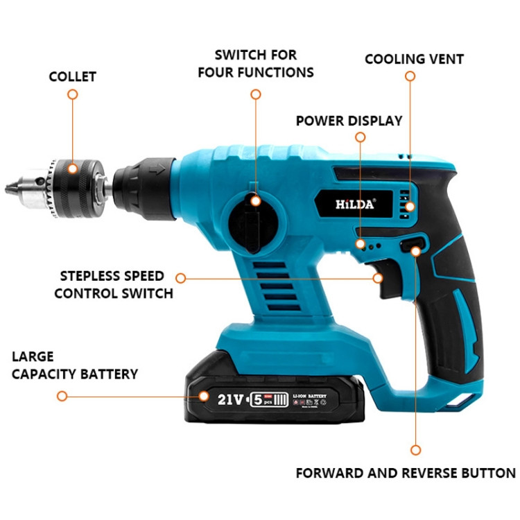 HILDA 12pcs /Set Li-Ion Power Hammer Electrical Impact Drill, Model: 2 Battery+1 Charger EU Plug STBD0604063301F
