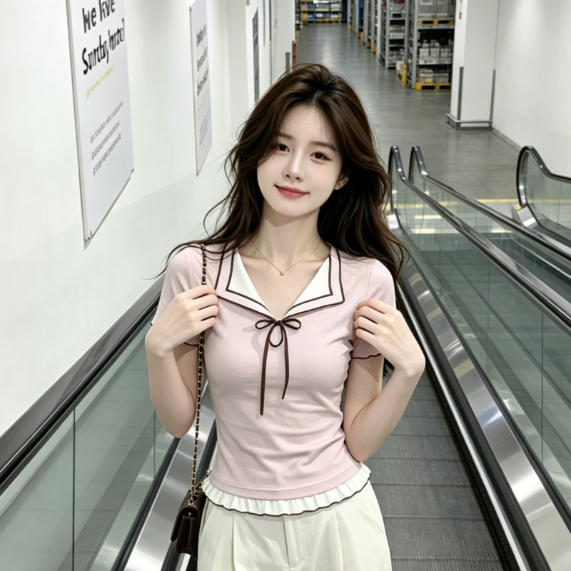 Short-Sleeve T-Shirt Women's Summer Two-Piece Color Block T-Shirt Elegant Slimming