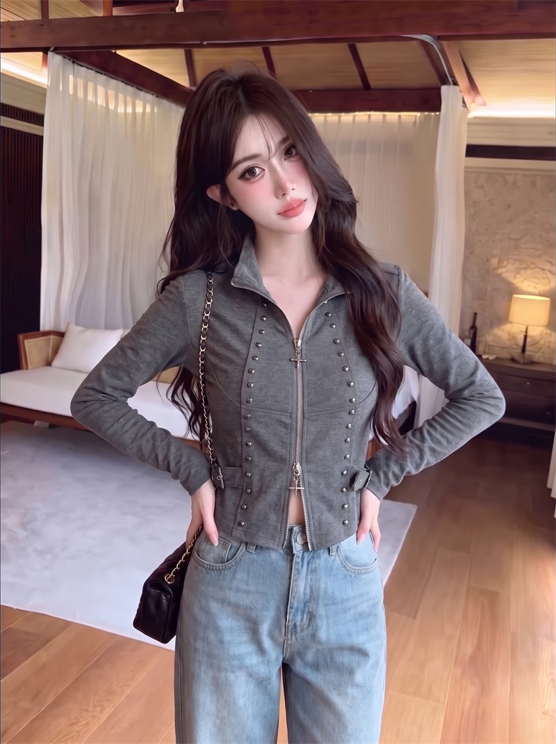 American high-street style stand-up collar double zipper studded long-sleeved thick coat