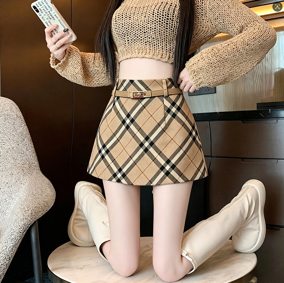 Retro plaid wool midi skirt, petite A-line mini skirt with belt