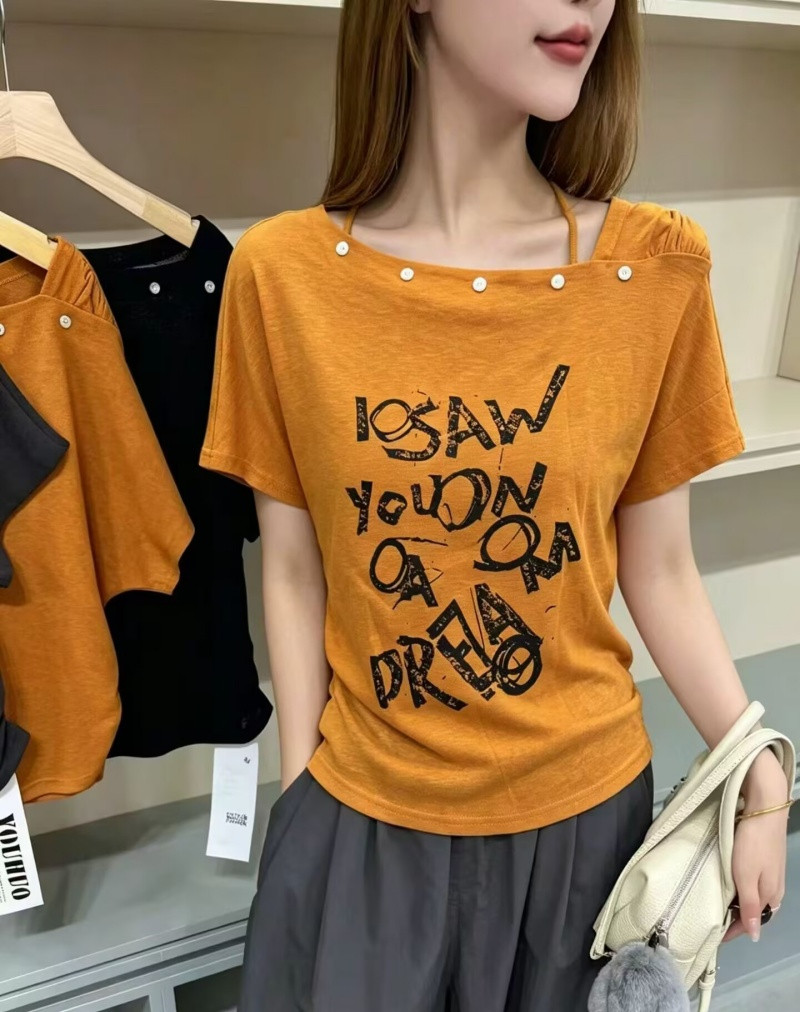 Off-Shoulder Letter Print Short-Sleeve T-Shirt, New Summer Style, Korean Fashion, Niche, Unique Design