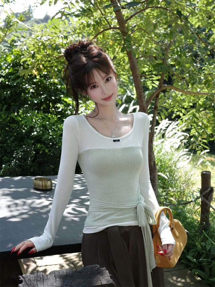 Korean Style Faux Two-Piece Tie-Waist Long-Sleeved T-Shirt Women's Autumn Slim