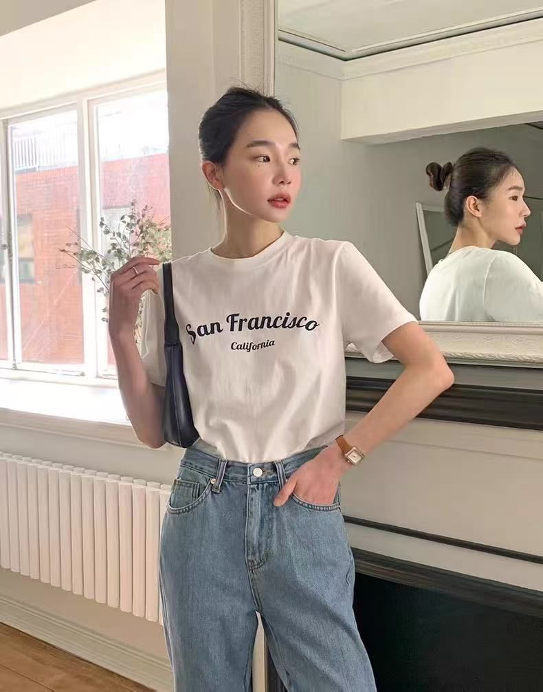 Pure cotton short-sleeved t-shirts, loose Korean style new mid-length short-sleeved tops, trendy ins style