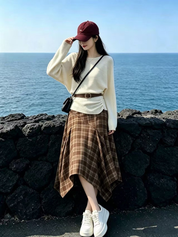 Sichuan-Western Grassland Xinjiang Tourism Wasteland Style Hot Girl Irregular Half Skirt Women's Autumn Outfit Set