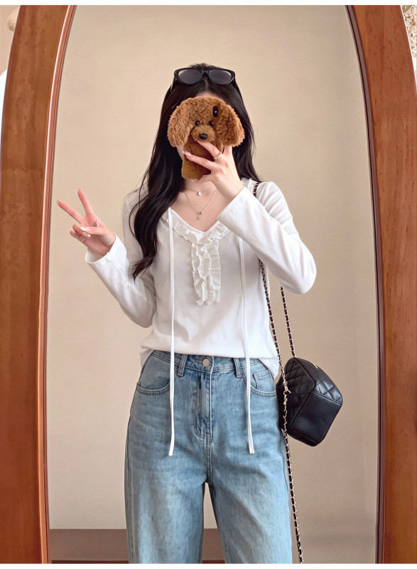 Korean style snowflake cotton white ruffled V-neck three-quarter sleeve t-shirt