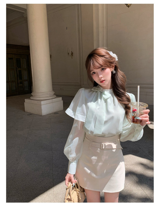Long-Sleeved Shirt High-Waisted Skirt Two-Piece Set, Sweet Narcissus Sunshine Poetry Collection Elegant Style Bow