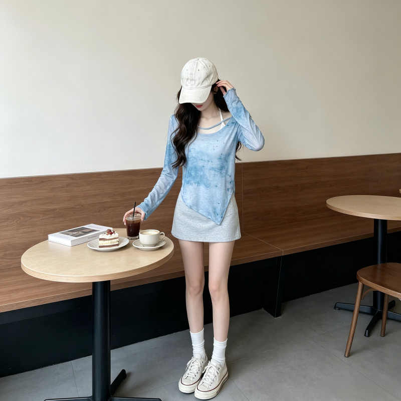 Sexy Irregular Hem Thin and Slightly Sheer Long Sleeve Top Atmosphere Style