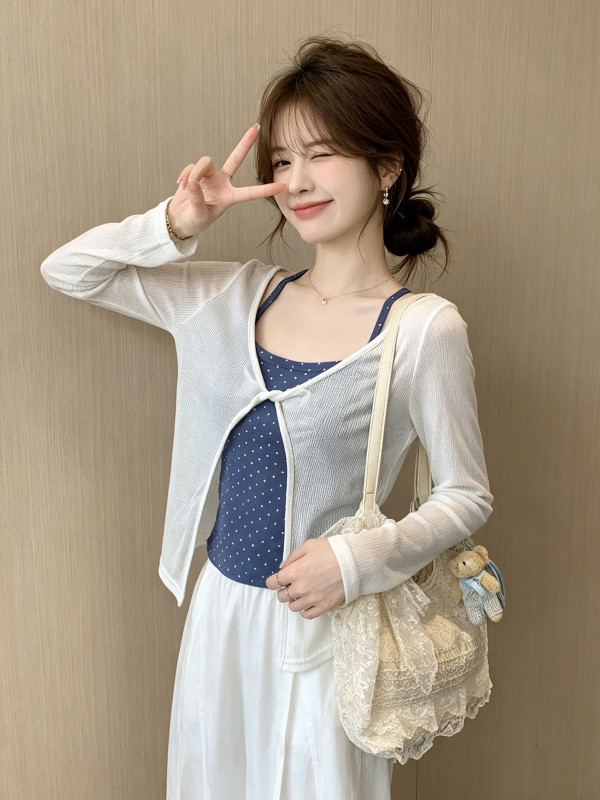 bow-knitted loose fit, versatile long-sleeved sun protection cover-up