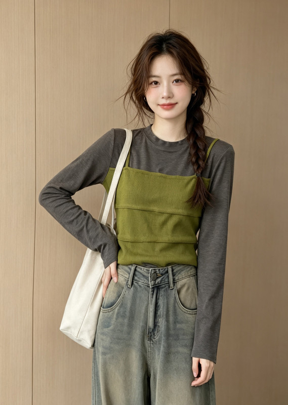 Korean Style Ruffled Trim Two-Piece Women's Autumn New Layered Long-Sleeved Base Layer Top Slim Fit Faux Two-Piece Clothin