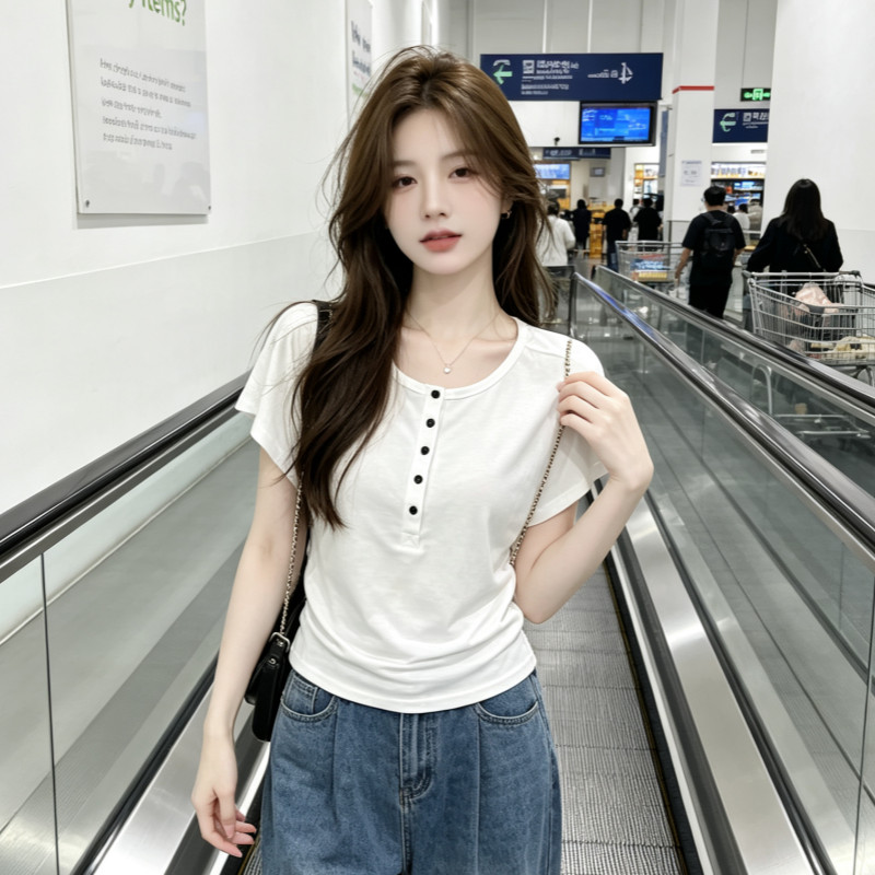 Casual style white Henley collar short-sleeved T-shirt for women, loose fit, slimming