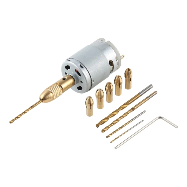 Mini DIY Brass Electric Drill Chucks Drill Bits Set DC-12V Motor FETP4589G