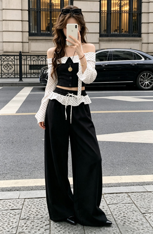 style long-sleeved off-shoulder strapless top, sexy wide-leg pants set