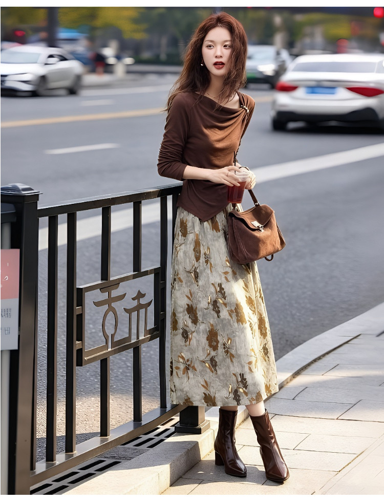 Style High-End Irregular Long-Sleeved Top and Printed Skirt Two-Piece Set