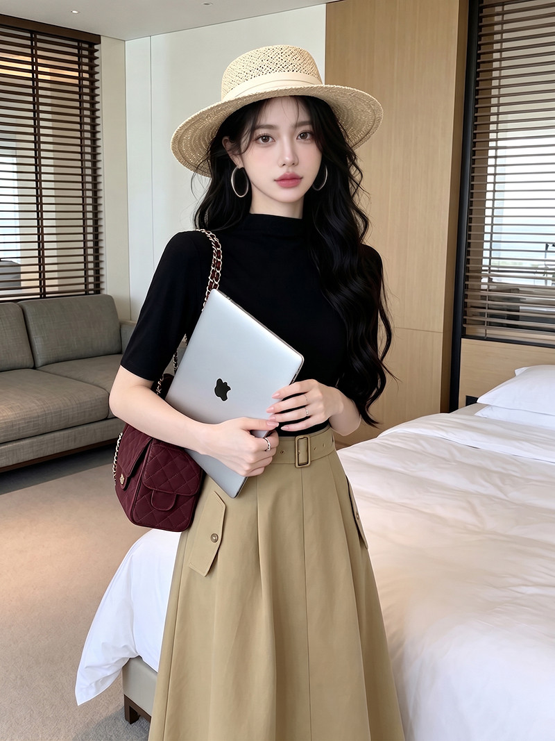 Women's Suit - Simple Mid-Sleeve T-Shirt + Full Skirt Umbrella Skirt.