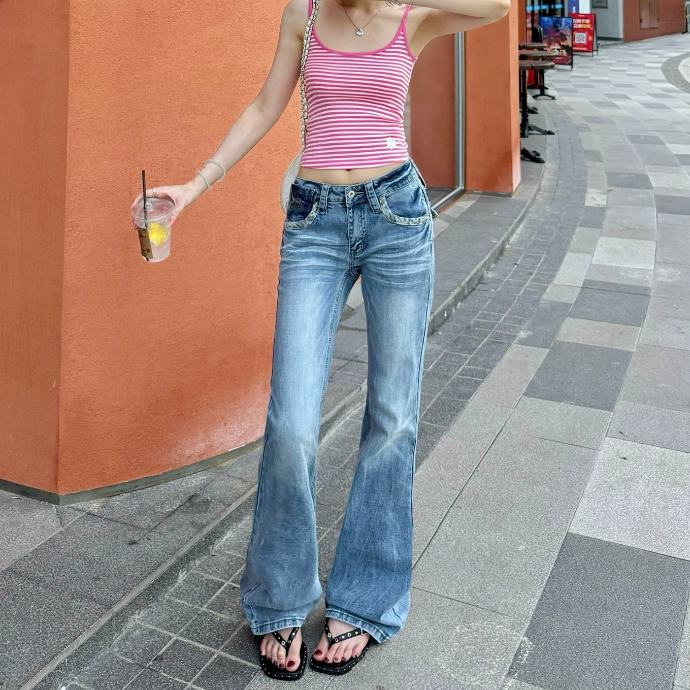 American-style leopard print low-rise jeans for women, high street style, washed retro blue pants, sexy flared trousers