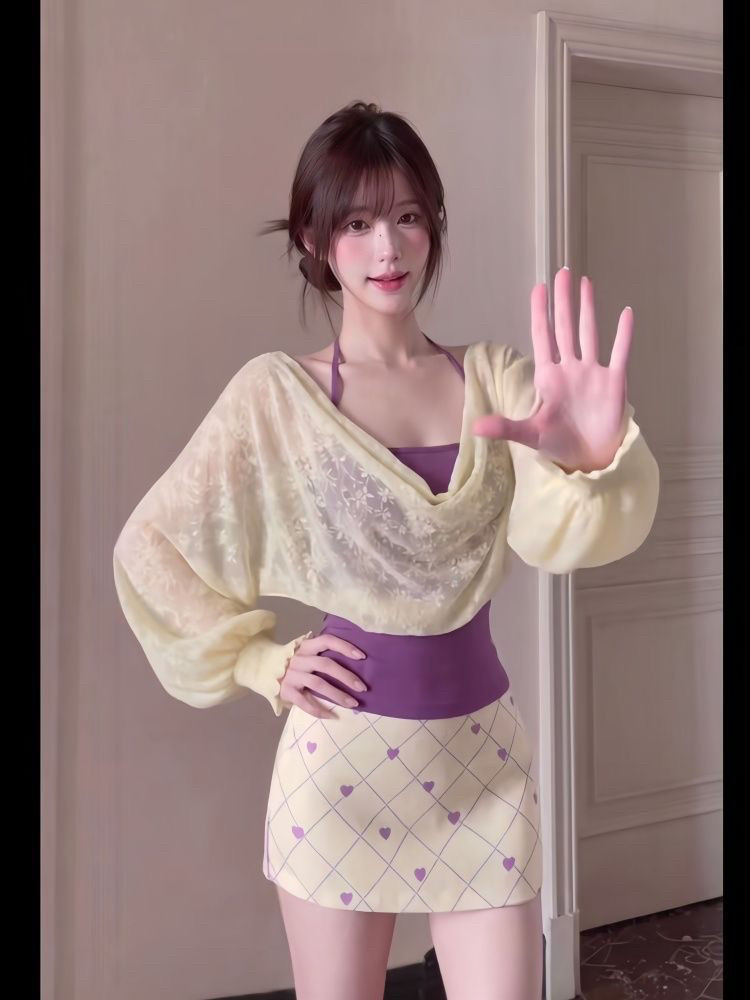 Korean style gentle and elegant long-sleeved lace T-shirt, summer tie-waist slimming sun protection cover-up dress three-piece se