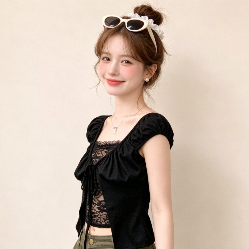 unique slim fit T-shirt Faux two-piece lace patchwork sexy top