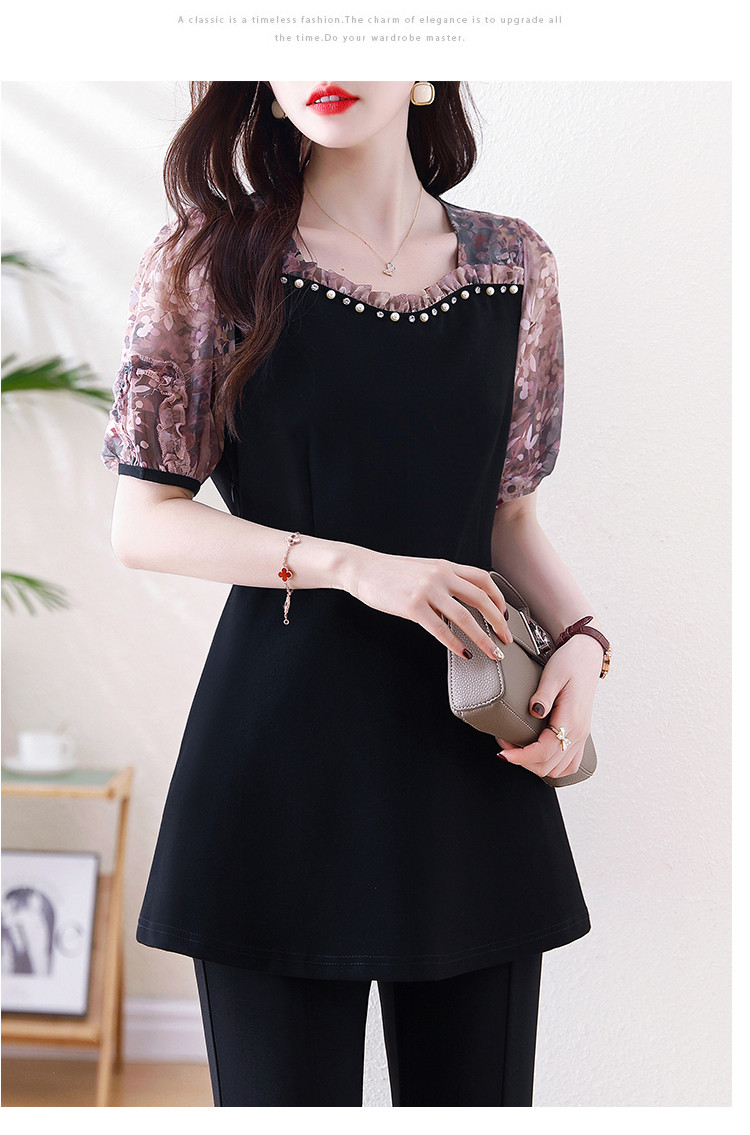 wo-Piece Beaded Loose Slimming Versatile Short-Sleeve Shirt Clothing