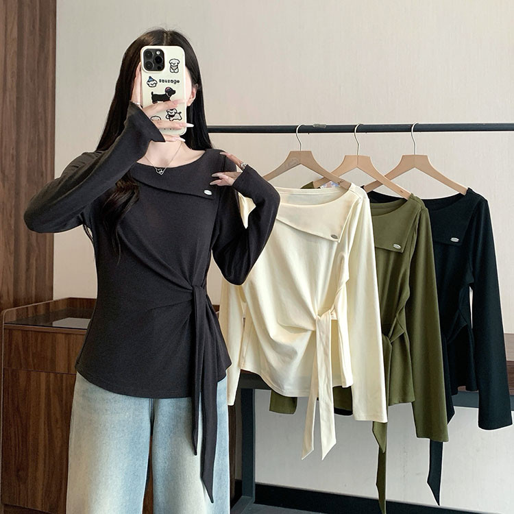 Plus Size Women's Casual Design with Ribbon, Slim Fit, Long Sleeve Top