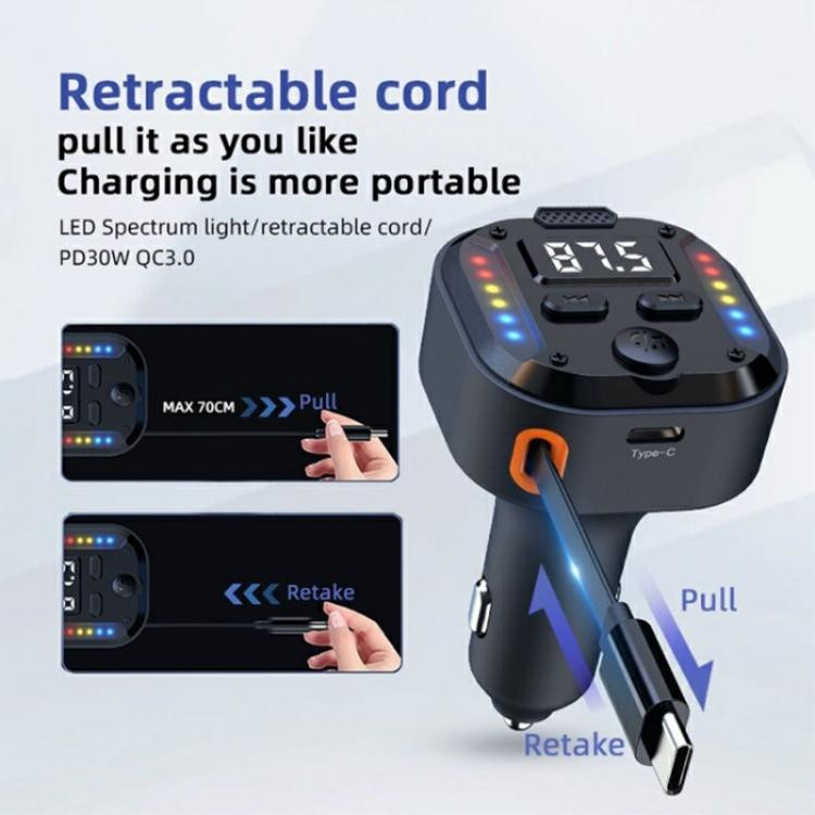 C69 PD 30W Fast Charger FM Transmitter Bluetooth Car Charger with Type-C Extendable Cable QSYA0027840F