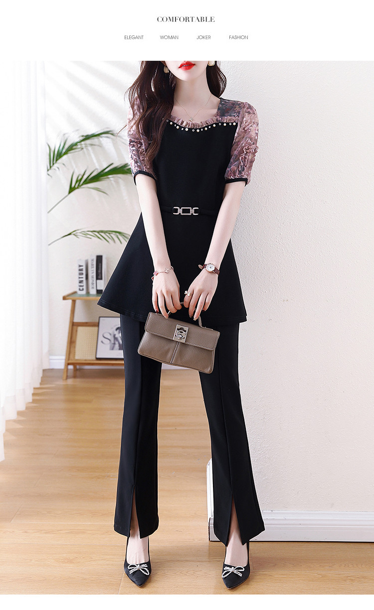 wo-Piece Beaded Loose Slimming Versatile Short-Sleeve Shirt Clothing
