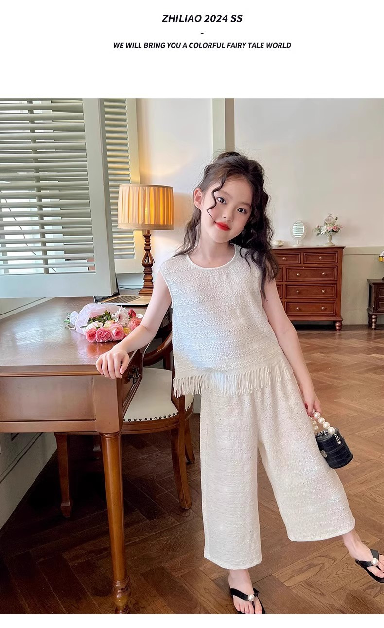 Style Stylish Summer Children's Clothing Exquisite Korean Style Tassel Vest Wide-Leg Pants Two-Piece Set