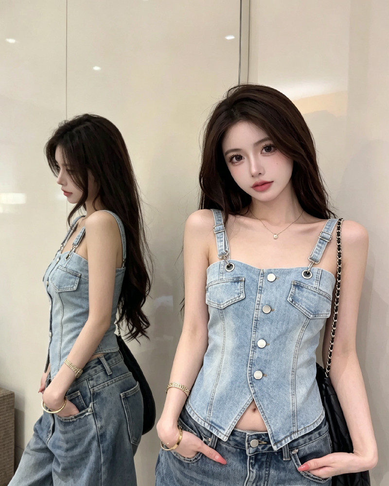 light blue denim suspender vest with button front decoration, versatile suspender