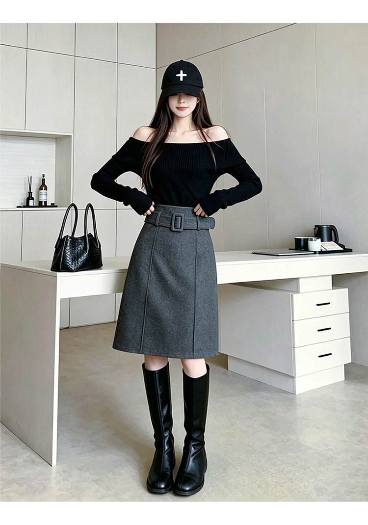 fashionable high-waisted, slimming, casual midi skirt