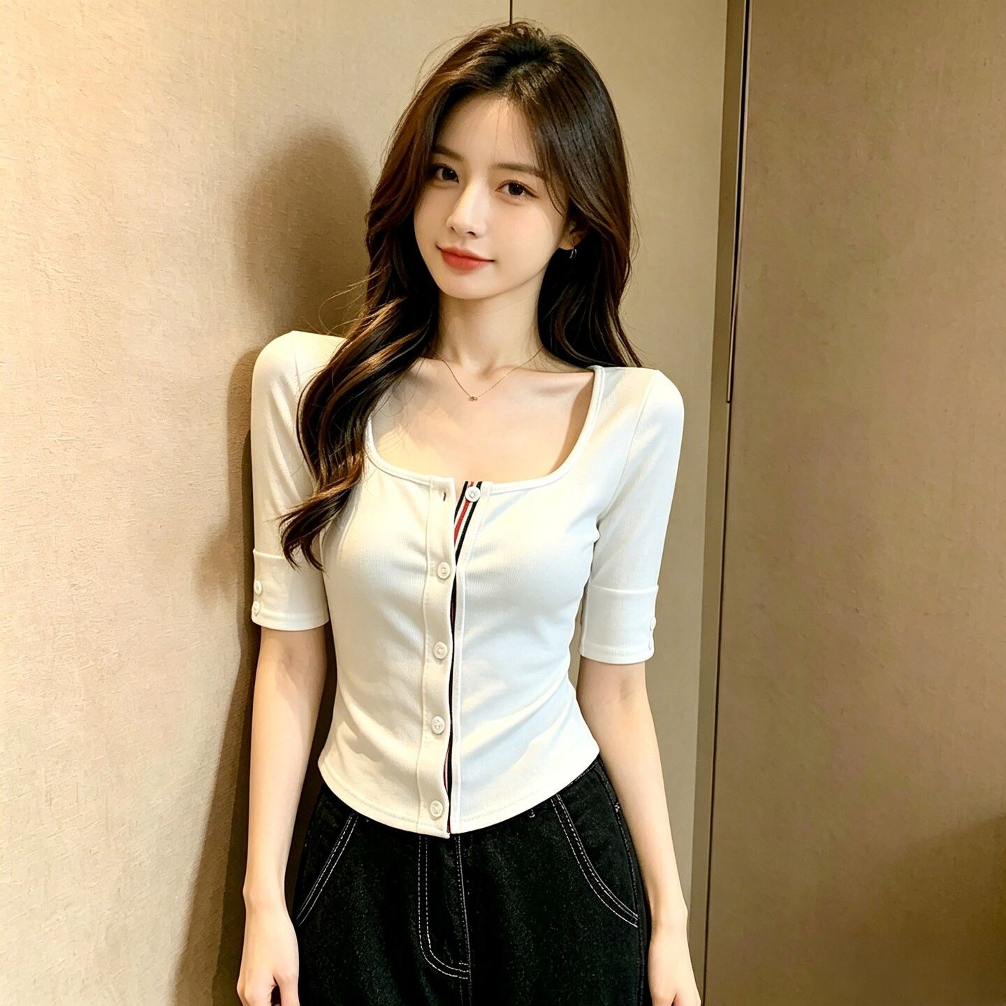 White U-neck, shoulder-length, mid-sleeve T-shirt, women's summer slim fit