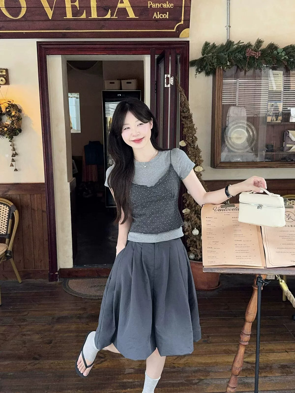 Two-piece set: Lyocell jacket + cashmere T-shirt + genuine style women's summer short-sleeved T-shirt polka dot camisole