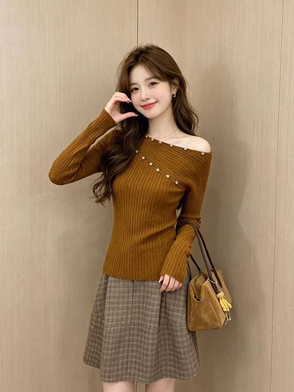 Retro-style long-sleeved knit top, slimming, casual, versatile, off-shoulder top