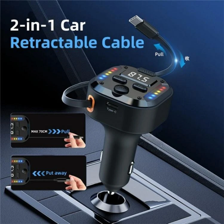 C69 PD 30W Fast Charger FM Transmitter Bluetooth Car Charger with Type-C Extendable Cable QSYA0027840F