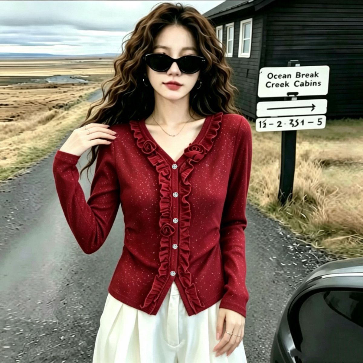fashionable V-neck lace design versatile slimming base layer top
