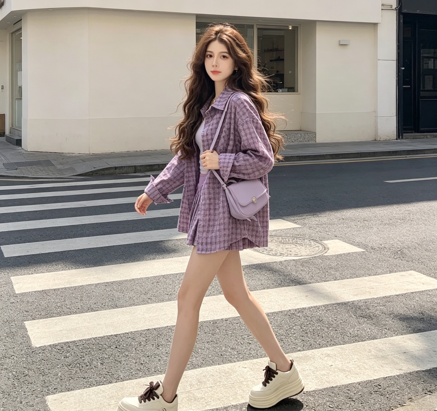 Korean style spring and autumn college student outfit: three-piece grid shirt, vest and high-waisted skirt set for women