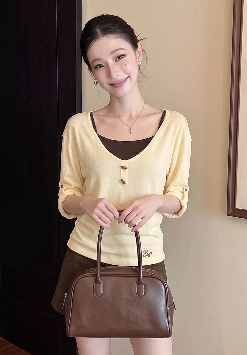 Korean Style Color Block Faux Two-Piece Long-Sleeved T-Shirt Top Wholesale