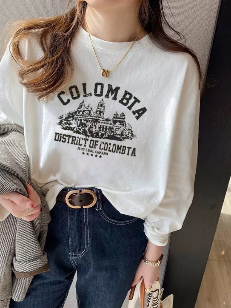 pure cotton long-sleeved T-shirt, women's loose Korean style, trendy spring and summer