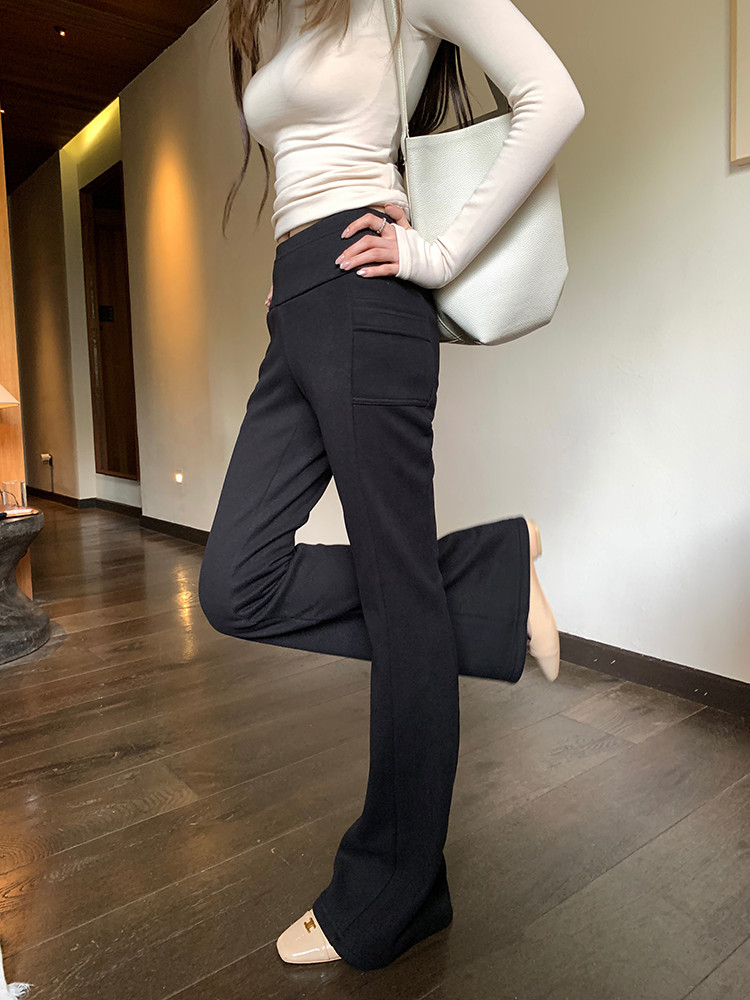 Style Casual Slimming High-waisted Black Flared Pants, Elegant Fit, Thin Fleece Horseshoe Pants