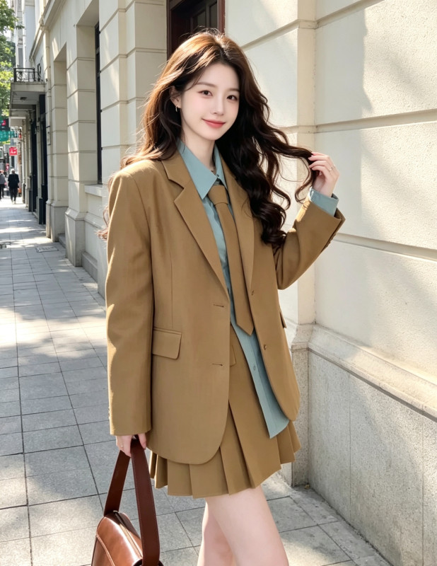 Korean Style Commuter Elegant Suit Skirt Women's Early Autumn Loose Casual Suit Jacket Shirt Pleated Skirt Three-Piece Set