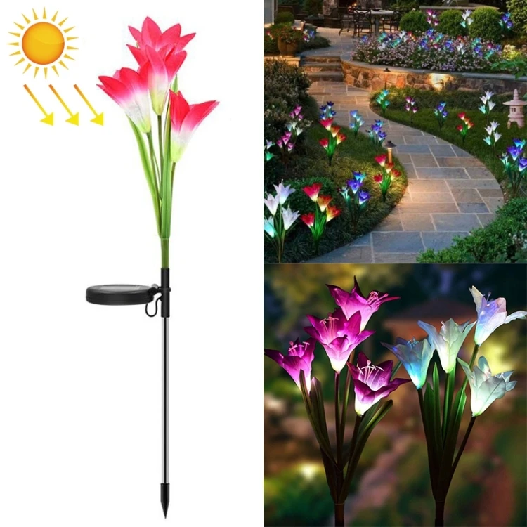 Simulated Lily Flower 4 Heads Solar Powered Outdoor IP55 Waterproof LED Decorative Lawn Lamp, BLED0990WV