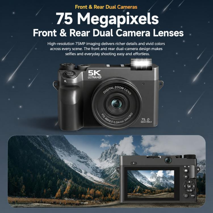 Dual 75MP Front Rear Camera Wi-Fi HD Digital Camera CCD Selfie 5K, WD07   Mirrorless Camera