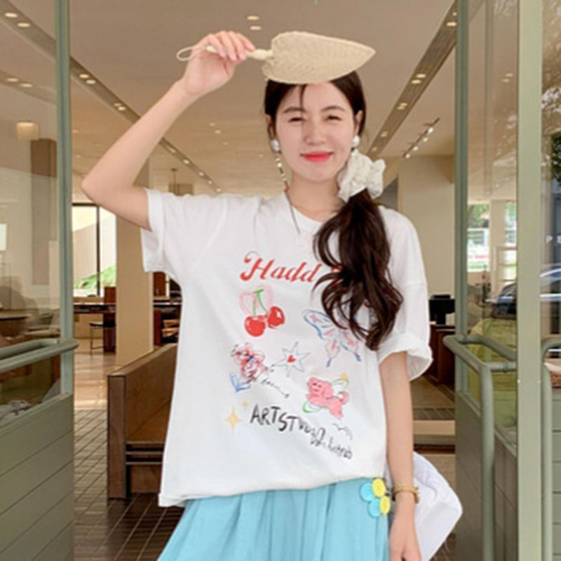 Pure cotton short-sleeved t-shirts, loose Korean style new mid-length short-sleeved tops, trendy ins style