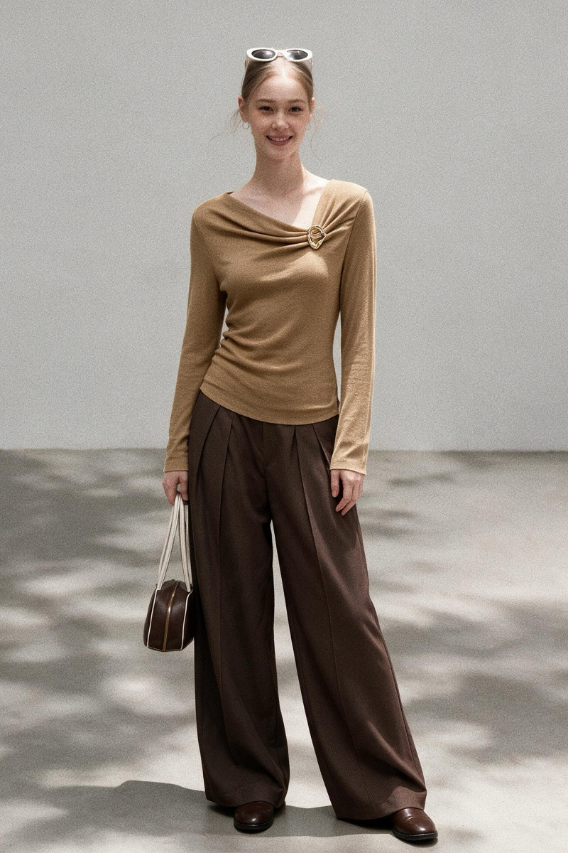 Slimming Metal Buckle Twist Collar Slim Fit Long Sleeve Knitwear Women's Clothing