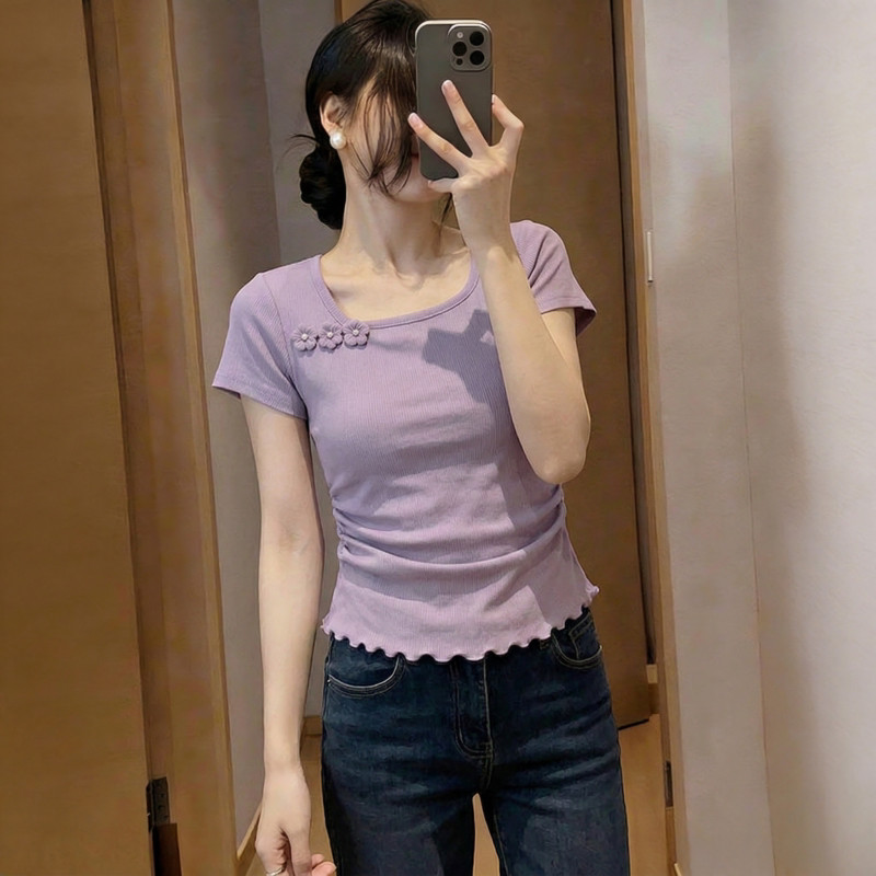Cool Silk Cotton Ribbed Purple Dopamine Short-Sleeve T-Shirt