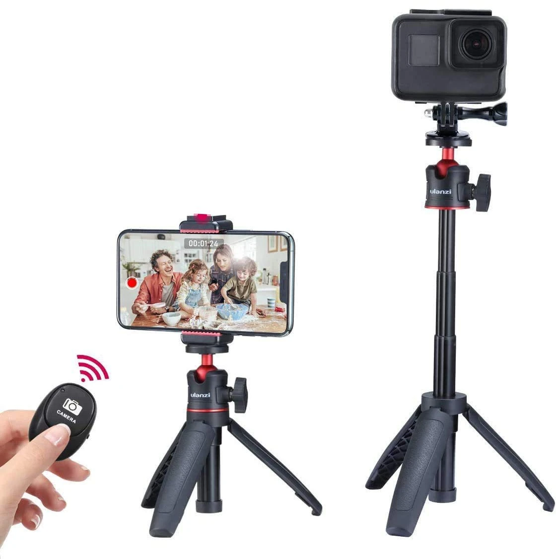 Multi-functional Foldable Tripod Holder Selfie Monopod Stick with Ball Head & Phone Clamp & Bluetooth Remote Control for GoPro, Insta360, DJI and Other Action Cameras FDLP0144BG