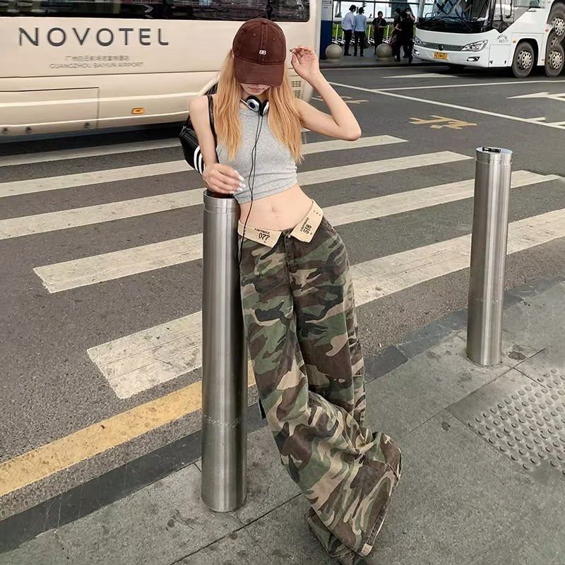 Spring New American Retro Low-Waisted Cuffed Camouflage Wide-Leg Jeans