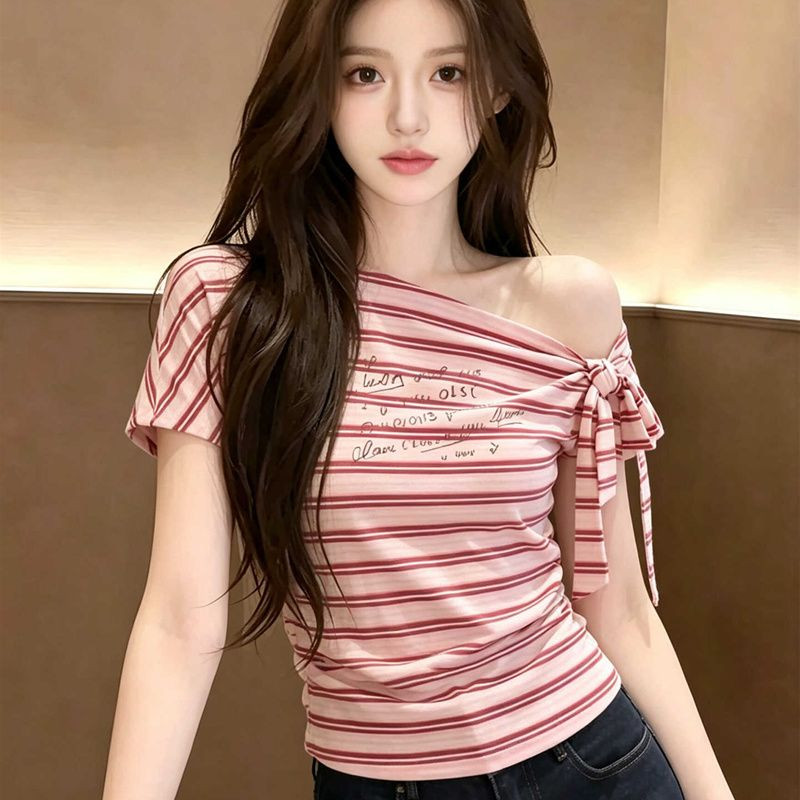Two-Way Off-Shoulder T-Shirt, Loose Fit, Detachable Tie Short Sleeve